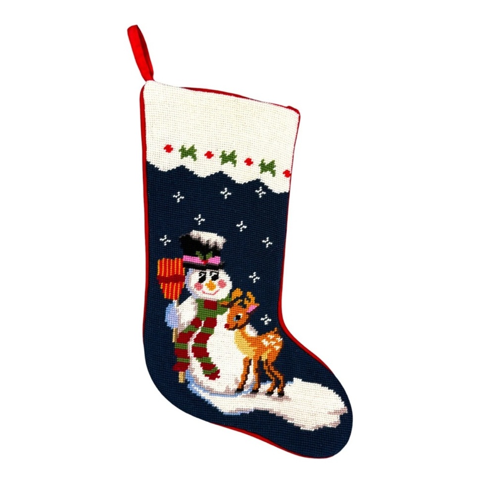 Vintage Imporial Elegan Christmas Needlepoint Stocking Kitschy Deer and Snowman